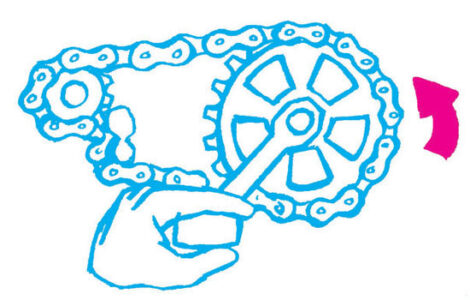 illustration of a person holding the pedal of a bike and turning a chain